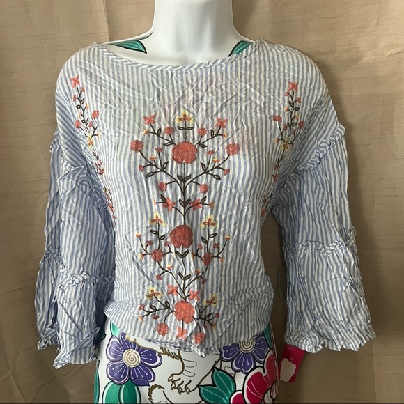 Xhilaration Blue White Stripe Blouse with Floral Embroidery - Picture 2 of 5